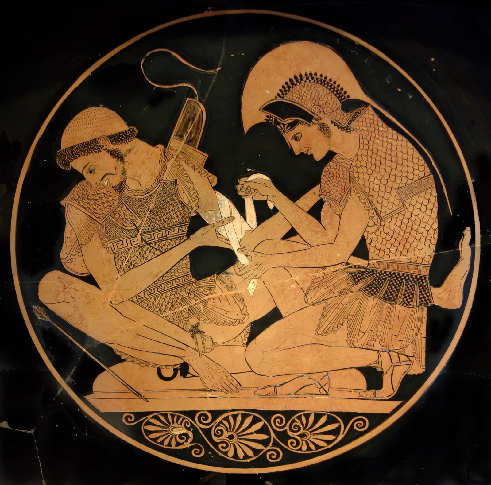 Achilles bandaging Patroclus's wounded arm, tondo of an Attic red-figure kylix signed by the potter Sosias, c. 500 BC, Antikensammlung Berlin.