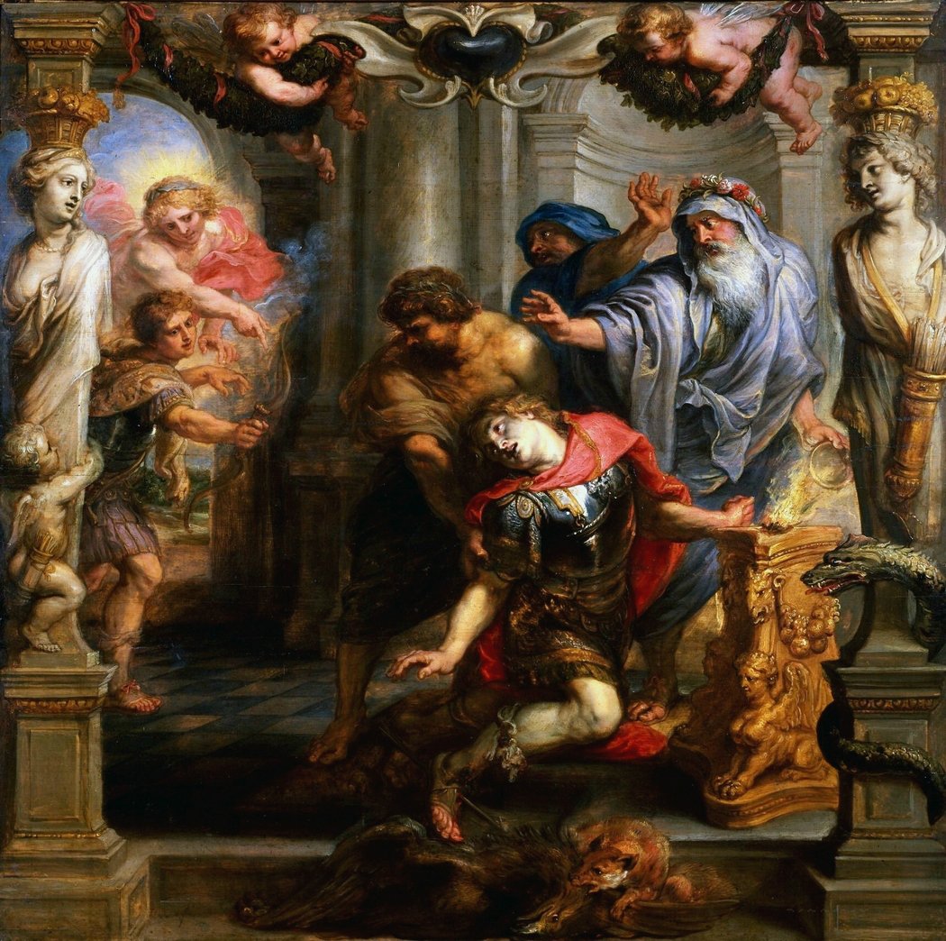 The Death of Achilles, oil modello by Peter Paul Rubens, circa 1635, showing Paris's arrow striking Achilles as a companion moves to catch him. Courtauld Institute of Art.