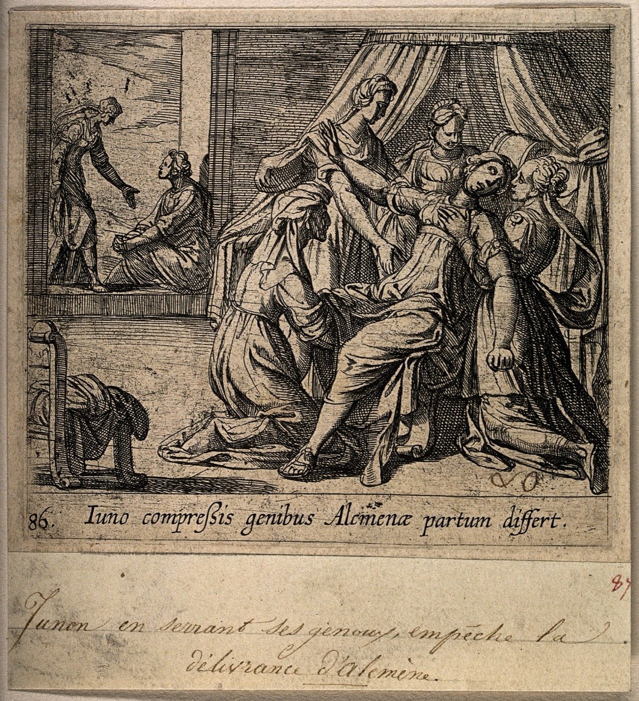 A 17th-century engraving titled "Alcmene giving birth to Hercules: Juno, jealous of the child", showing Alcmene's labor attended by figures while the goddess Juno looks on.