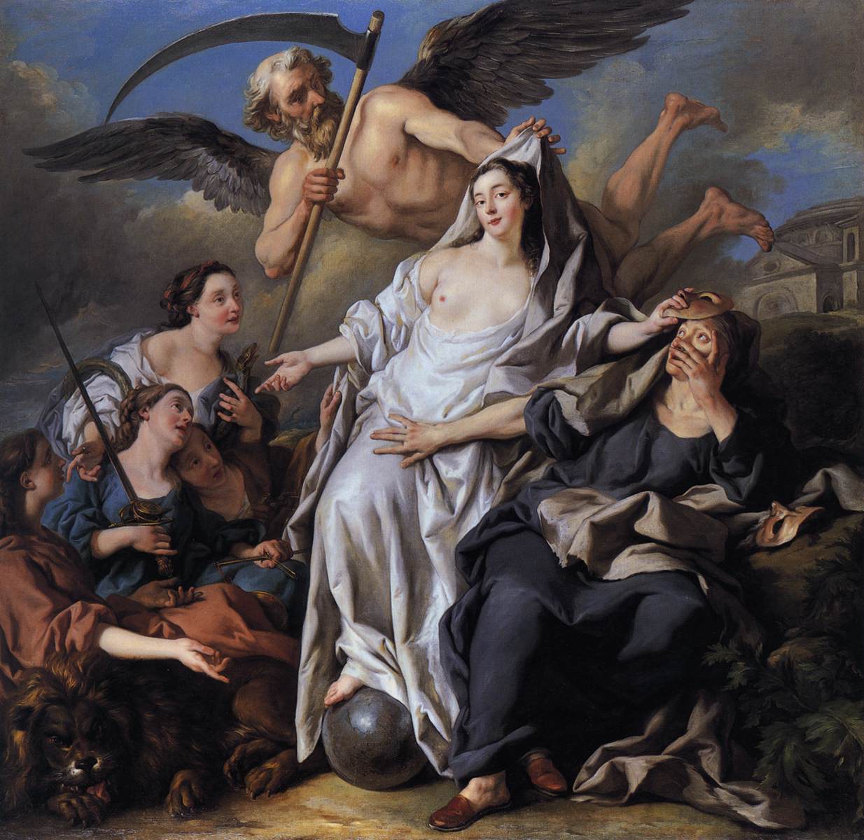 An Allegory of Time Unveiling Truth, a 1733 oil painting by Jean-François de Troy showing a winged figure of Time drawing back a veil from a reclining female figure of Truth.