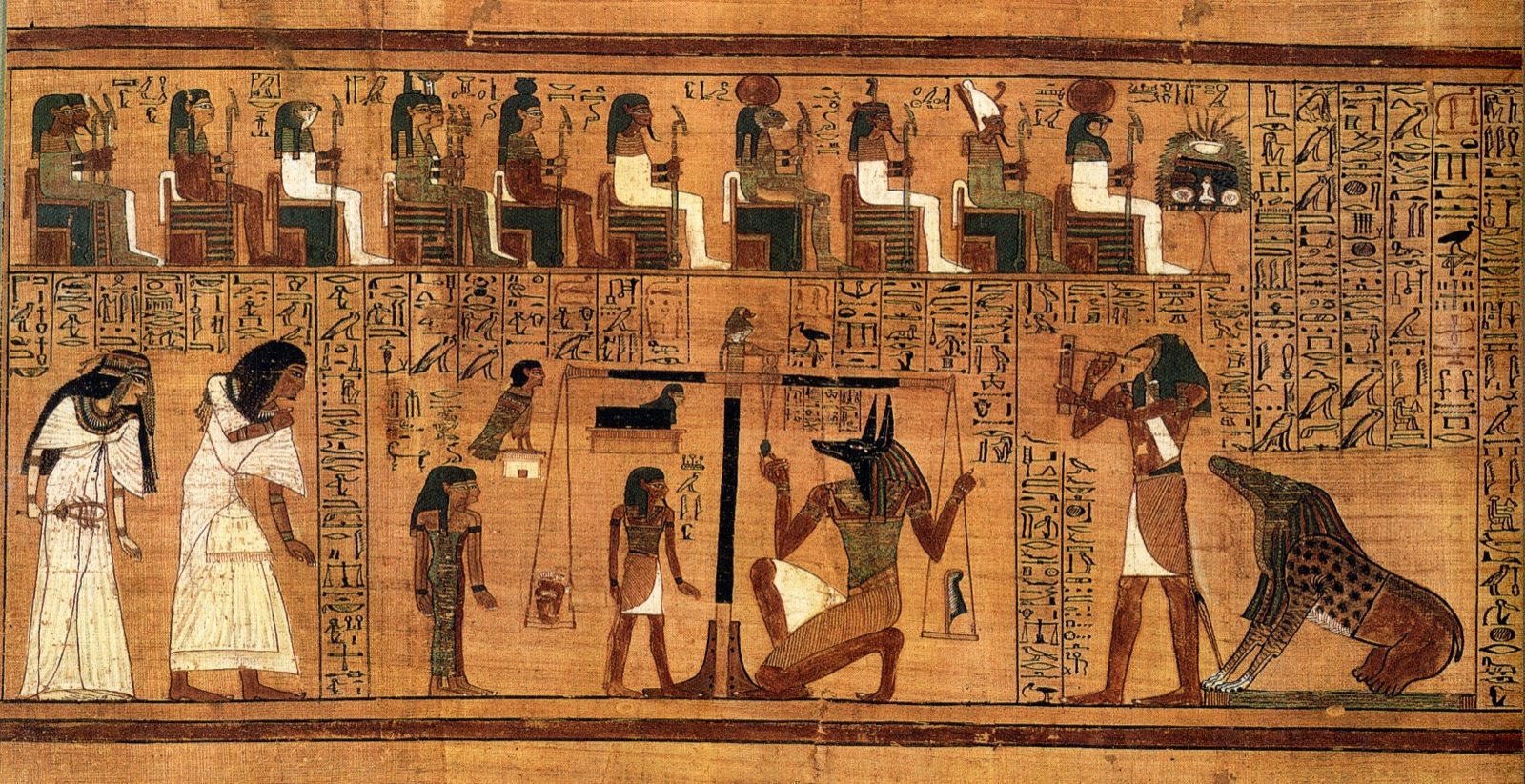 The weighing of the heart scene from the Book of the Dead of Ani, circa 1300 BC: the jackal-headed god Anubis weighs the heart of the scribe Ani against the feather of Ma'at on a set of golden scales, with the monster Ammit crouched nearby and Thoth recording the result.