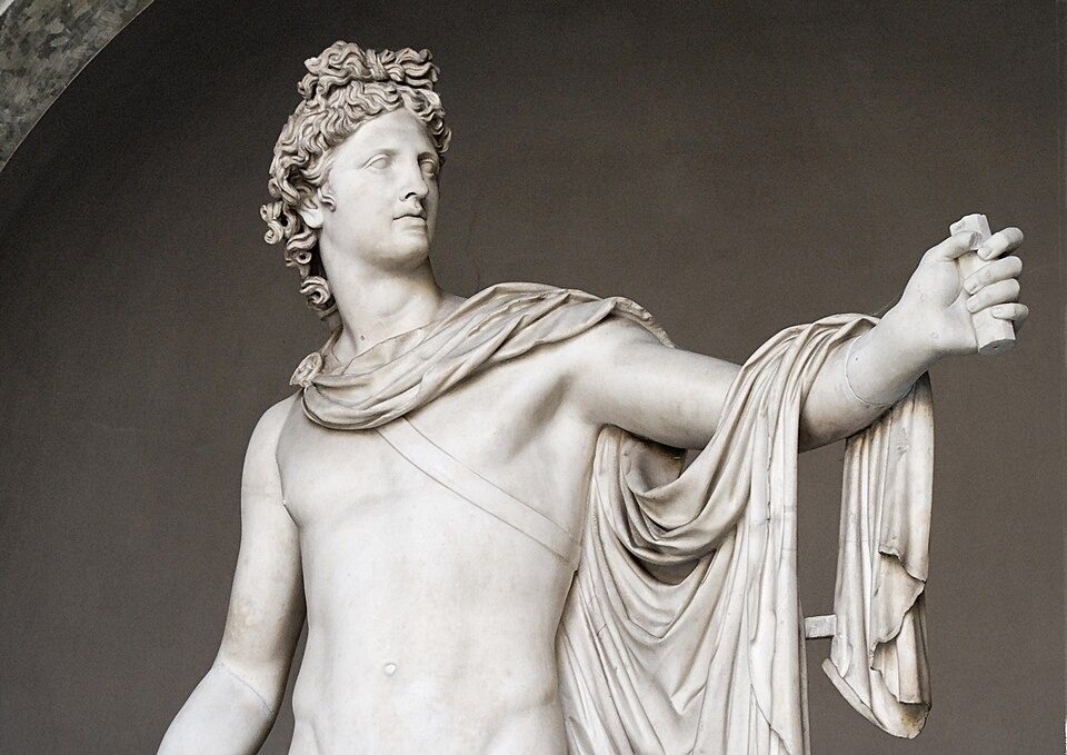 The Apollo Belvedere, a marble statue of Apollo in the Vatican Museums, a Roman copy of a lost Greek bronze original.