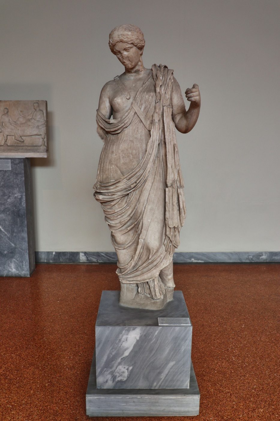 A Roman-era marble statue of Armed Aphrodite (Aphrodite Areia), 1st century AD copy of a 4th-century BC original by Polykleitos the Younger, found at the sanctuary of Asclepius in Epidaurus and now in the National Archaeological Museum of Athens.
