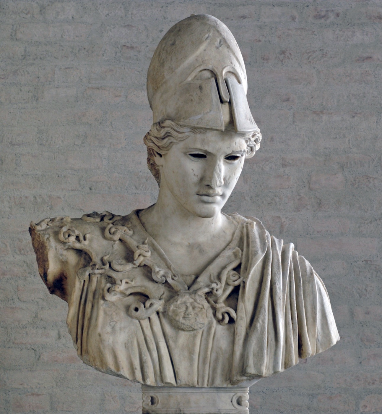 Marble bust of the goddess Athena wearing a crested helmet, Roman copy of a Greek original attributed to Kresilas