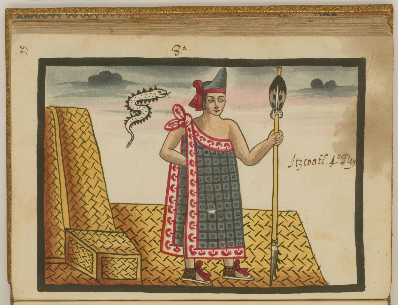 A 16th-century watercolor portrait of Itzcoatl, fourth ruler of Tenochtitlan, from the Tovar Codex attributed to the Jesuit chronicler Juan de Tovar.