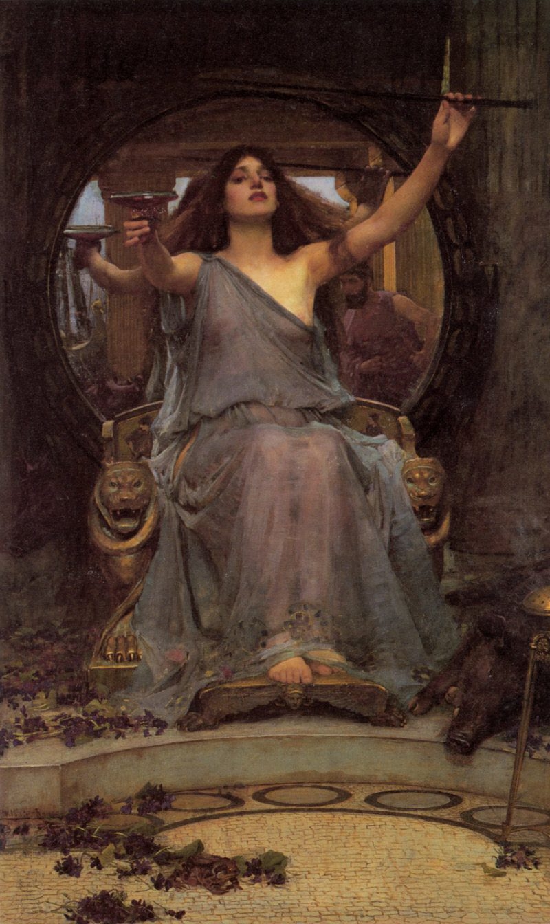 Circe Offering the Cup to Odysseus, oil on canvas by John William Waterhouse, 1891, showing the goddess extending a drugged cup toward Odysseus with her wand in her other hand and a lion prowling at her feet.