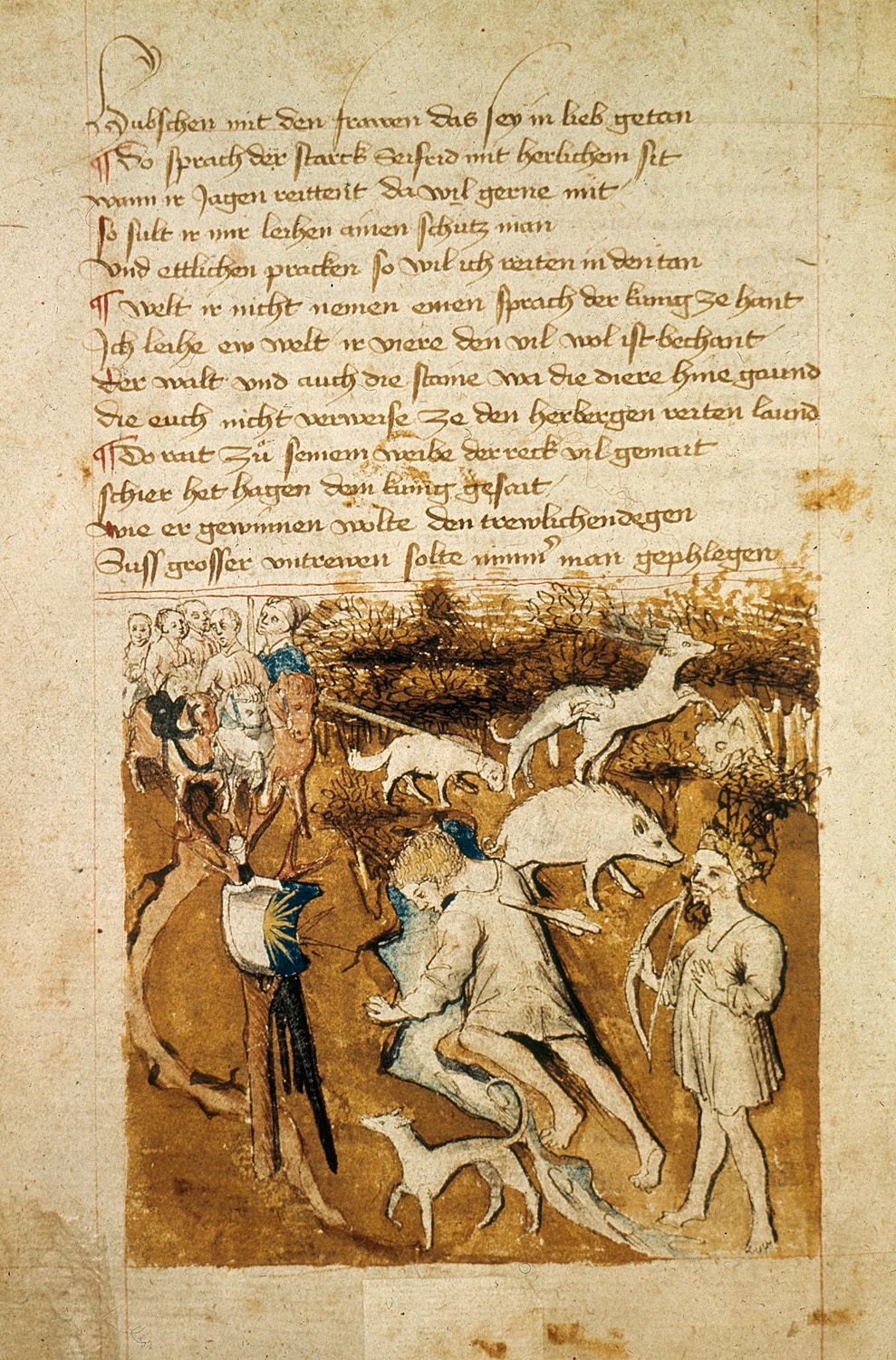A 15th-century manuscript illustration from the Hundeshagen Codex showing the death of Siegfried, with his killer Hagen standing beside him holding a bow.