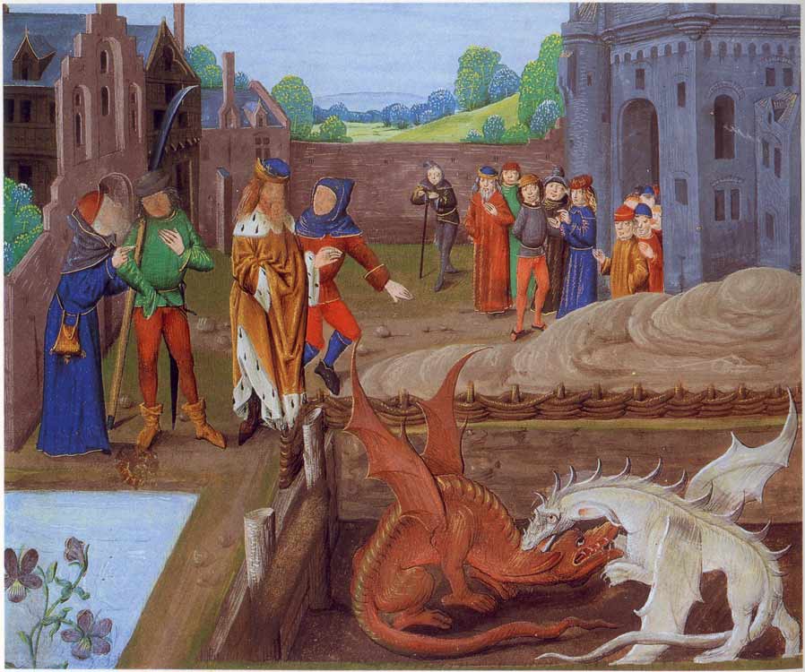 A 15th-century manuscript illumination from a copy of Historia Regum Britanniae showing King Vortigern and the boy Ambrosius watching two dragons fight after being dug out of the ground.