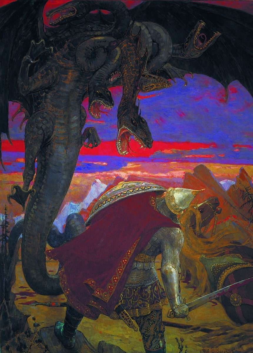 Viktor Vasnetsov's 1918 painting of the bogatyr Dobrynya Nikitich fighting a seven-headed Zmey Gorynych, from the House-Museum of V. M. Vasnetsov in Moscow.
