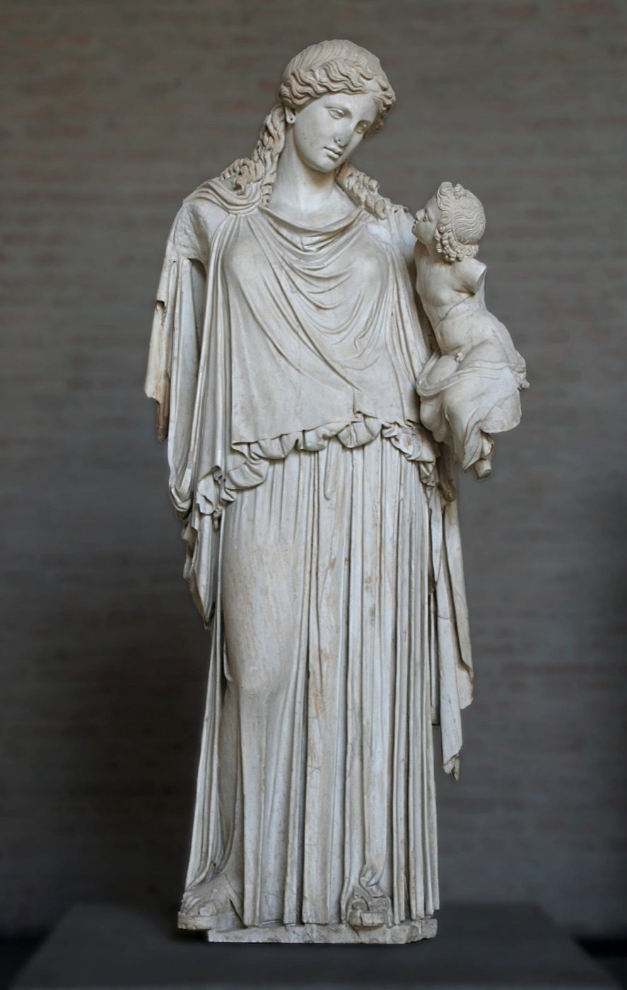 Roman marble copy of Kephisodotos's bronze statue of Eirene, the Greek goddess of peace, carrying the infant Ploutos, now in the Glyptothek, Munich.