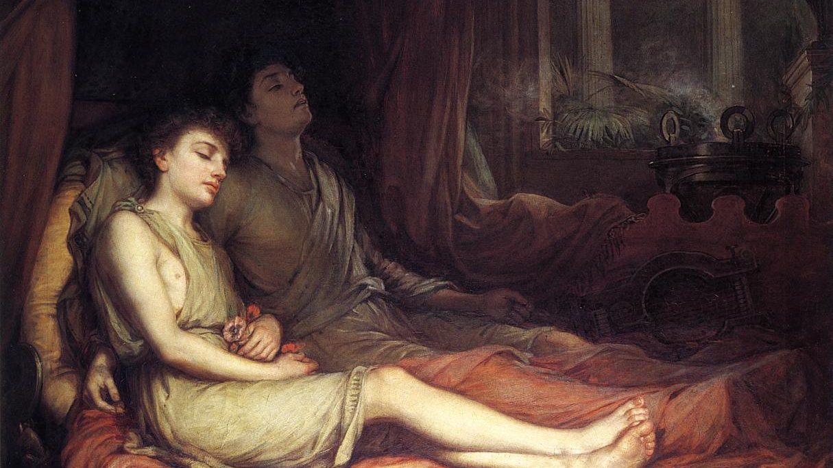 John William Waterhouse's 1874 painting Sleep and His Half-Brother Death, depicting Hypnos and Thanatos, the Greek personifications of sleep and death, as two young men reclining together.