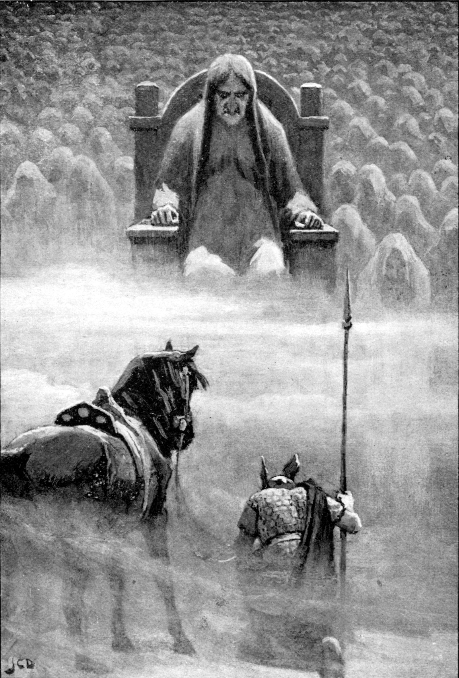 1909 painting by John Charles Dollman titled Hermod before Hela, showing Hermod kneeling before Hel enthroned in her underworld hall, with Baldr seated behind her.