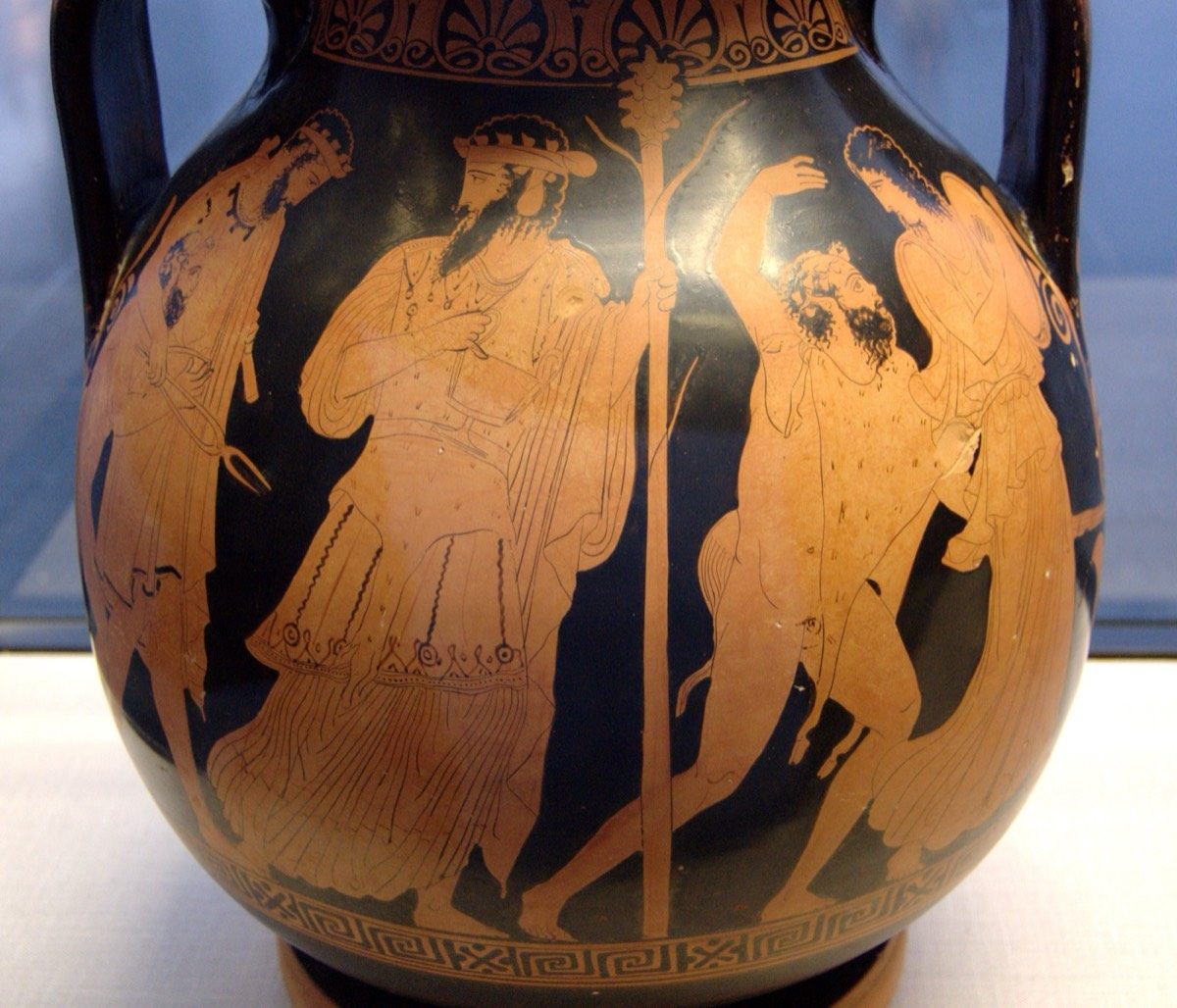 Attic red-figure pelike by the Kleophon Painter, circa 440-430 BC, showing the return of Hephaestus to Olympus riding a mule, led by Dionysus and his thiasos.