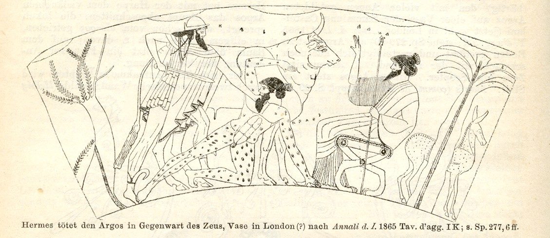 A 19th-century line engraving, reproduced in Roscher's Lexikon der griechischen und römischen Mythologie, of a Greek stamnos vase now in the Kunsthistorisches Museum Vienna, attributed to the Argos Painter. It shows Hermes about to slay the giant Argus Panoptes as Zeus looks on, with Io, transformed into a cow, standing between them.