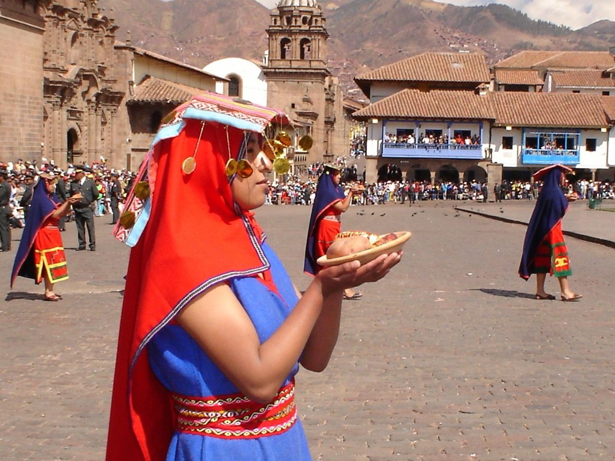 Performers in Inca-style ceremonial dress at the modern Inti Raymi sun festival reenactment in the Plaza de Armas, Cusco, photographed in June 2005.