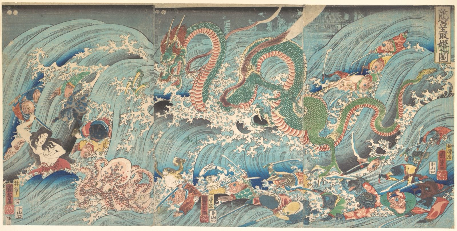 Utagawa Kuniyoshi's ukiyo-e print of the legend of Tamatori-hime recovering a stolen jewel from Ryūjin's undersea dragon palace, Ryūgū-jō. Tamatori-hime is a separate figure from Toyotama-hime, discussed earlier in this section.