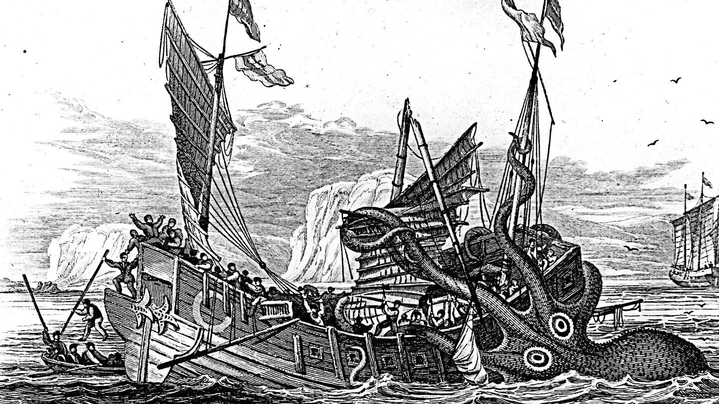 Pierre Dénys de Montfort's 1801 engraving Le Poulpe Colossal, showing a giant many-armed sea creature wrapped around a three-masted sailing ship.