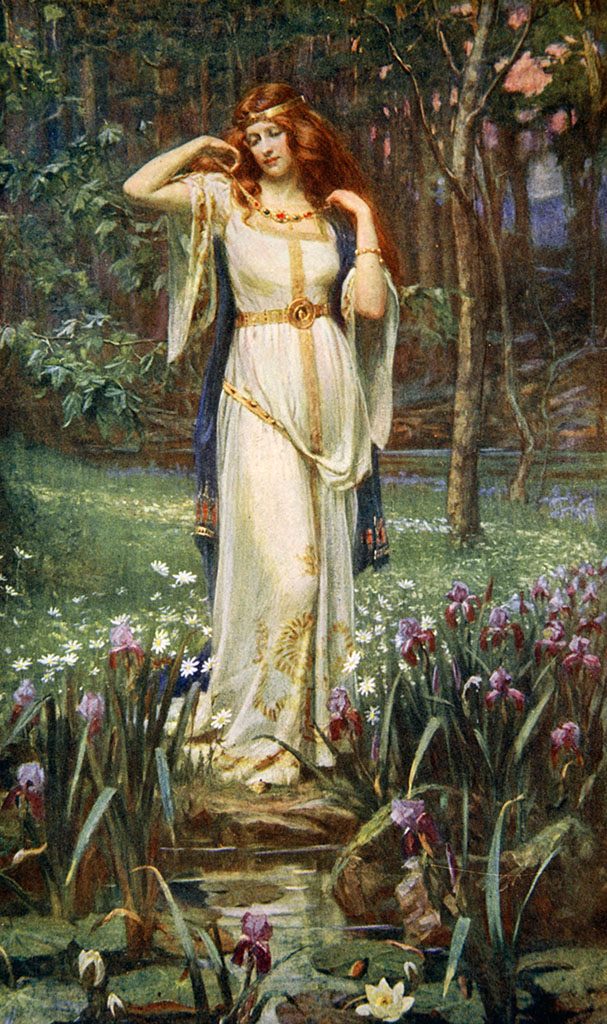 Freyja standing beside water lilies, painted by James Doyle Penrose in 1890, evoking the goddess's association with the necklace Brisingamen.