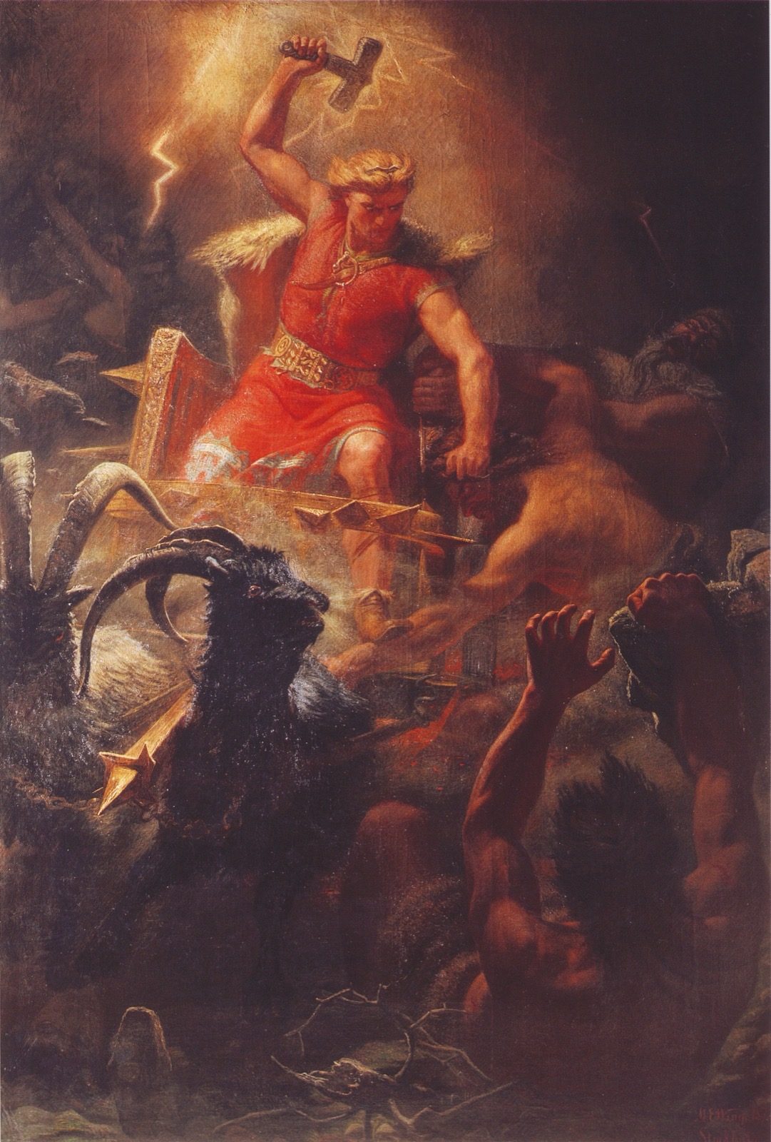 Thor's Battle Against the Jotnar, an 1872 painting by Marten Eskil Winge showing Thor swinging his hammer at a crowd of giants in his goat-drawn chariot.