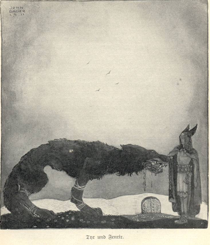1911 illustration by John Bauer showing Tyr standing before the bound wolf Fenrir, from Our Fathers' Godsaga by Viktor Rydberg.