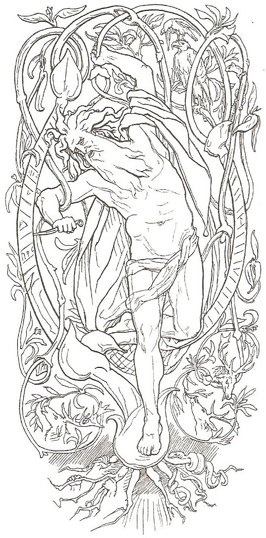 Lorenz Frølich's 1895 illustration The Sacrifice of Odin, showing Odin hanging from the world tree Yggdrasil, pierced by his own spear, during his nine-night ordeal to learn the runes.
