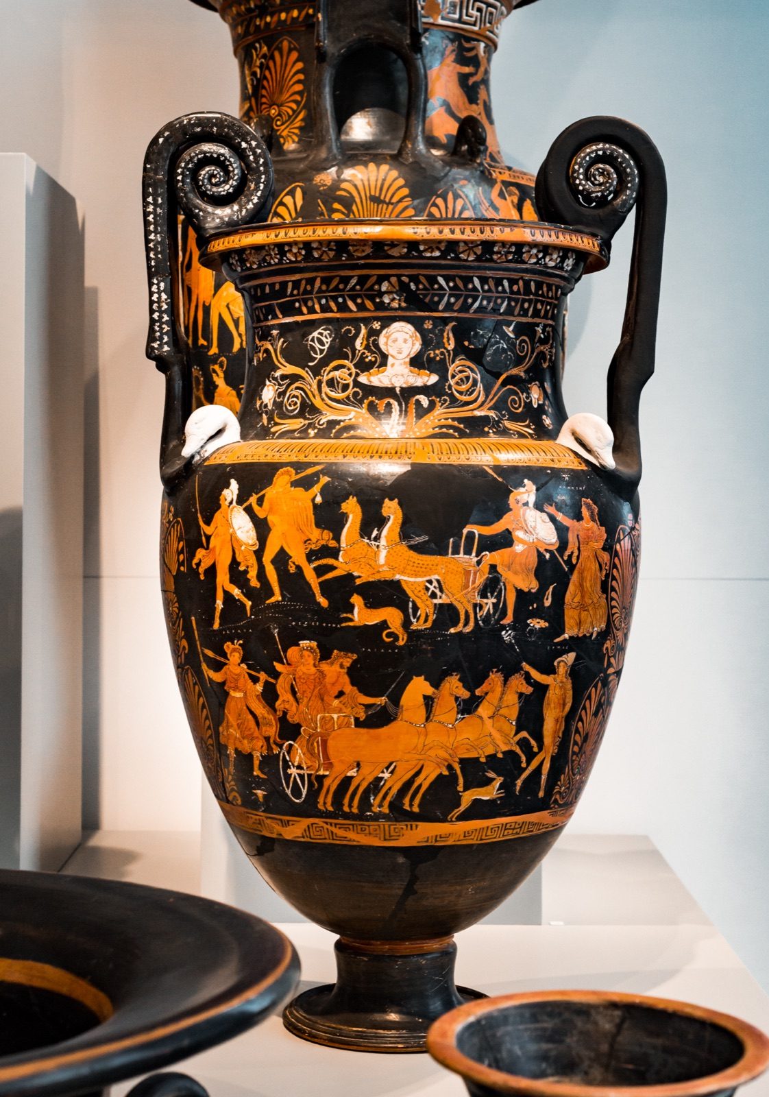 Apulian red-figure volute-krater by the Darius Painter, circa 350-340 BC, showing Hades and Persephone riding together in a four-horse chariot accompanied by Hermes, Hekate, and Demeter. Antikensammlung, Berlin.