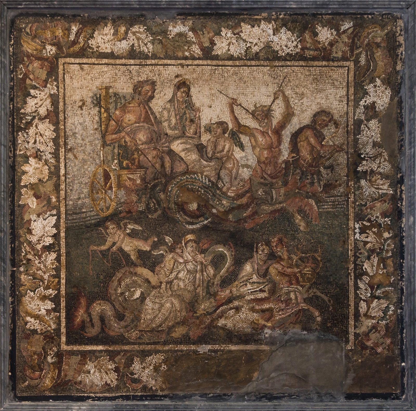 Roman mosaic from a house in Pompeii, 2nd century BC, showing Poseidon and Amphitrite riding a wedding chariot pulled by two Tritons, with a Nereid and a sea dragon in the lower register. Naples National Archaeological Museum, inventory 10007.