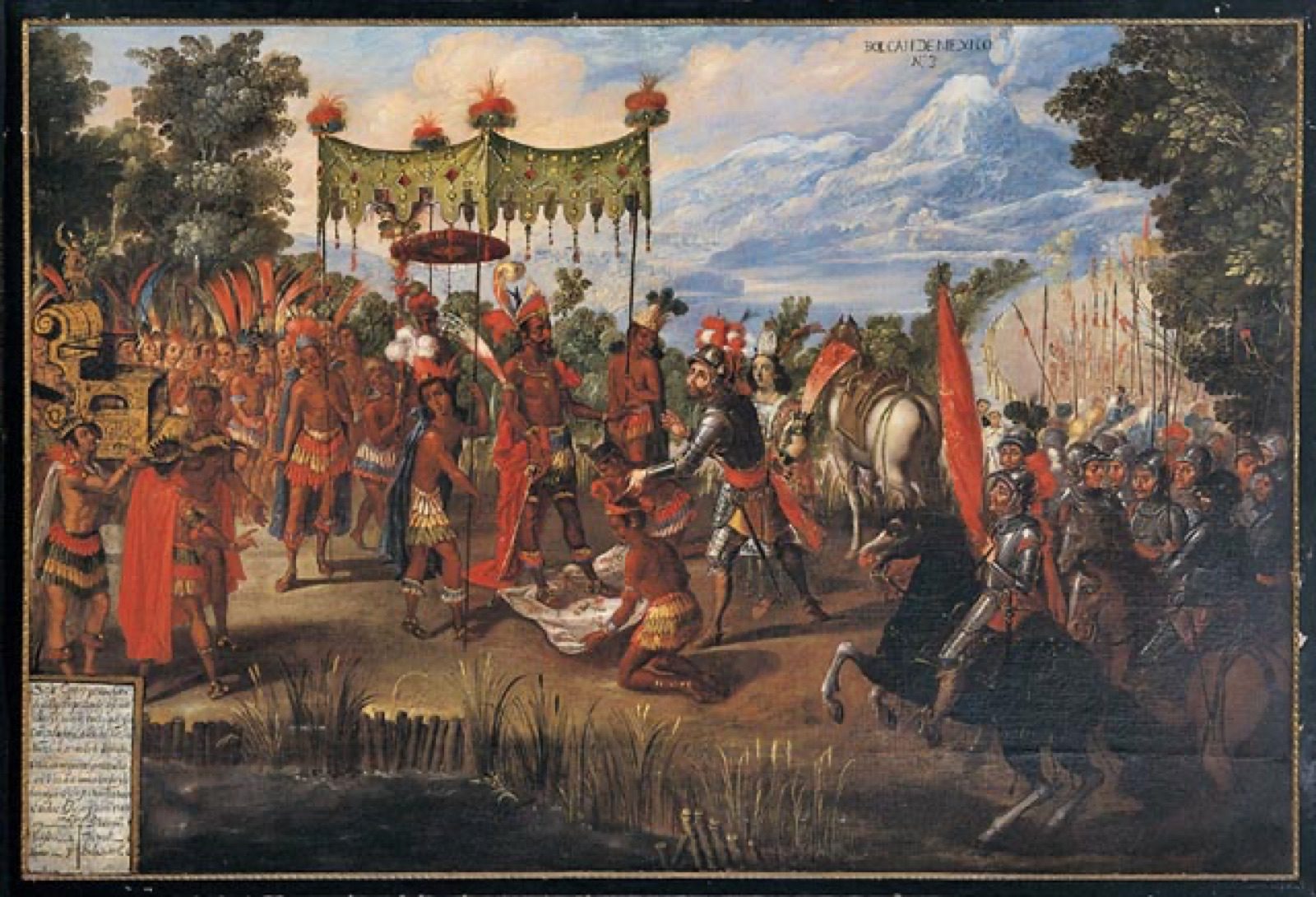 A 1651 oil painting from a Mexican "Conquest of Mexico" series depicting the meeting of Hernán Cortés and Moctezuma II, painted more than a century after the event by an unknown artist.