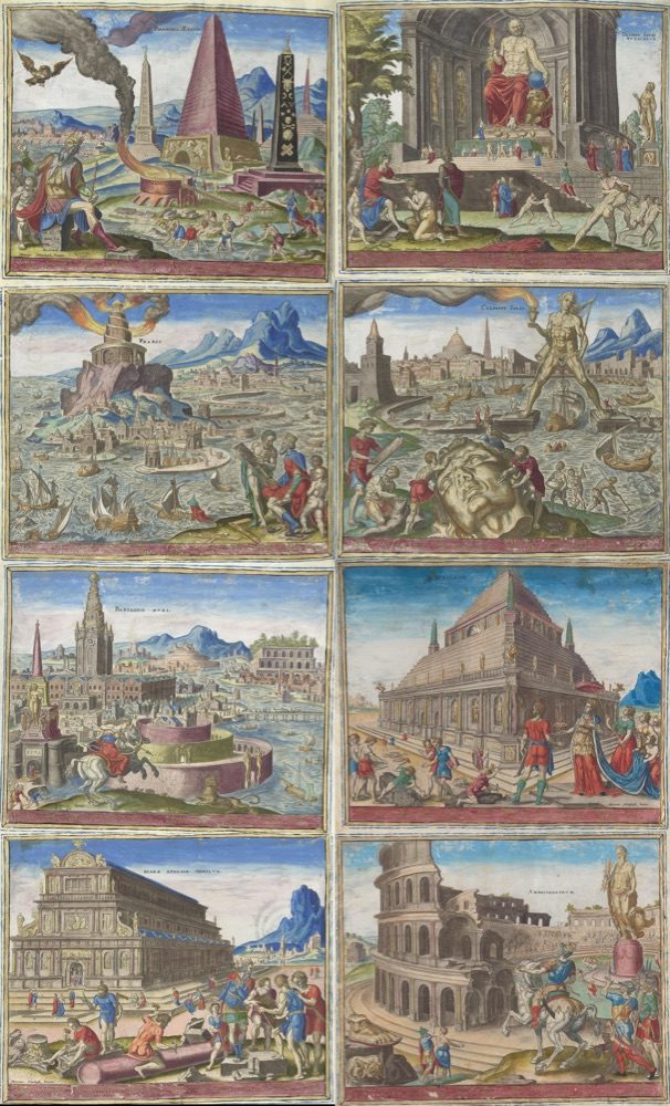 A grid of eight 16th-century engravings by Philips Galle after Maarten van Heemskerck: the Pyramids of Egypt, the Statue of Zeus at Olympia, the Lighthouse of Alexandria (Pharos), the bronze Helios statue at Rhodes, the Walls of Babylon, the Mausoleum at Halicarnassus, the Temple of Artemis at Ephesus, and the Colosseum in Rome, each rendered as a populated historical scene.