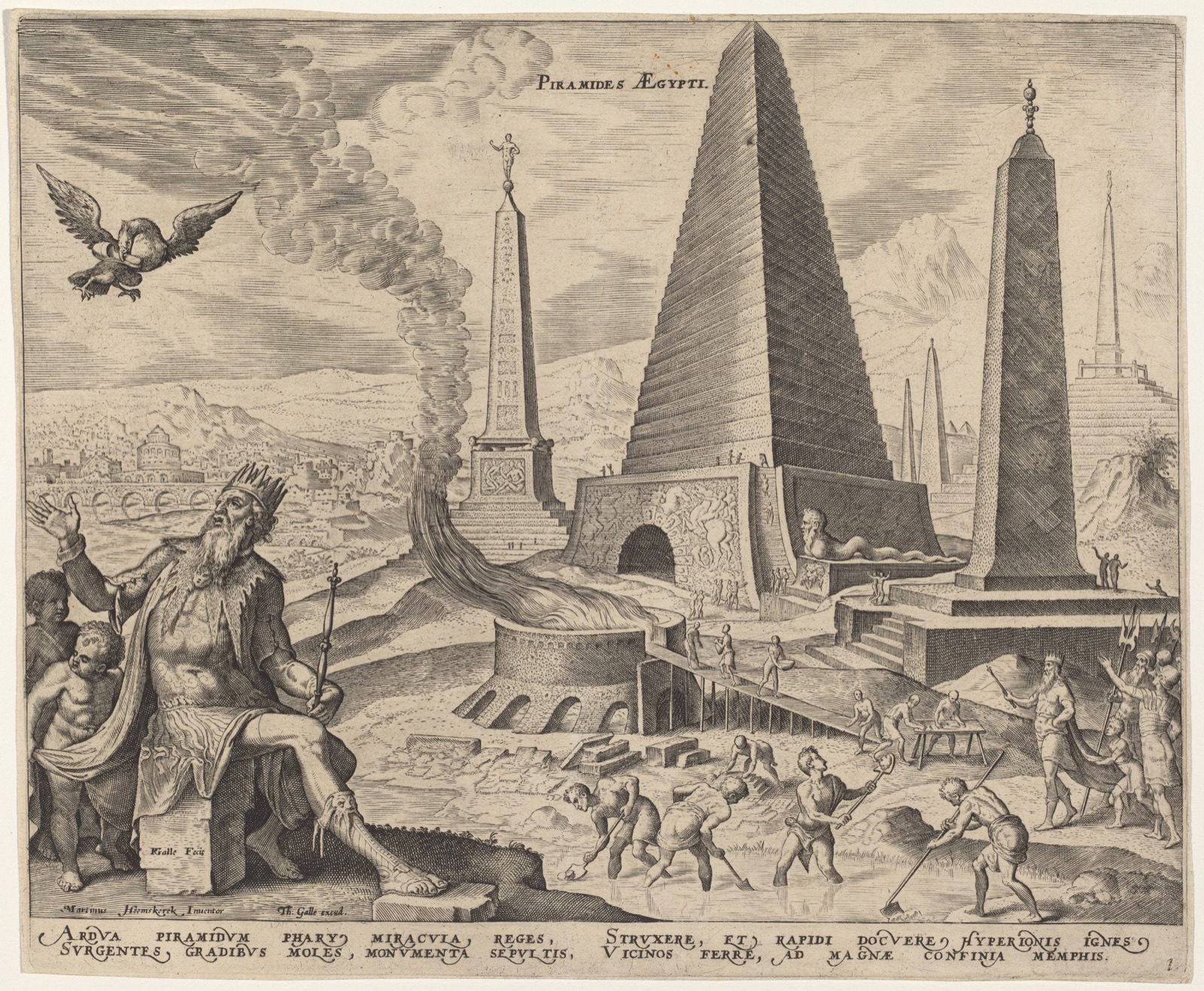 1572 engraving by Philip Galle after Maarten van Heemskerck depicting the Pyramids of Egypt, part of the Octo Mundi Miracula series, showing a seated allegorical king figure and laborers building a monument in the foreground with Roman-style obelisks in the background.