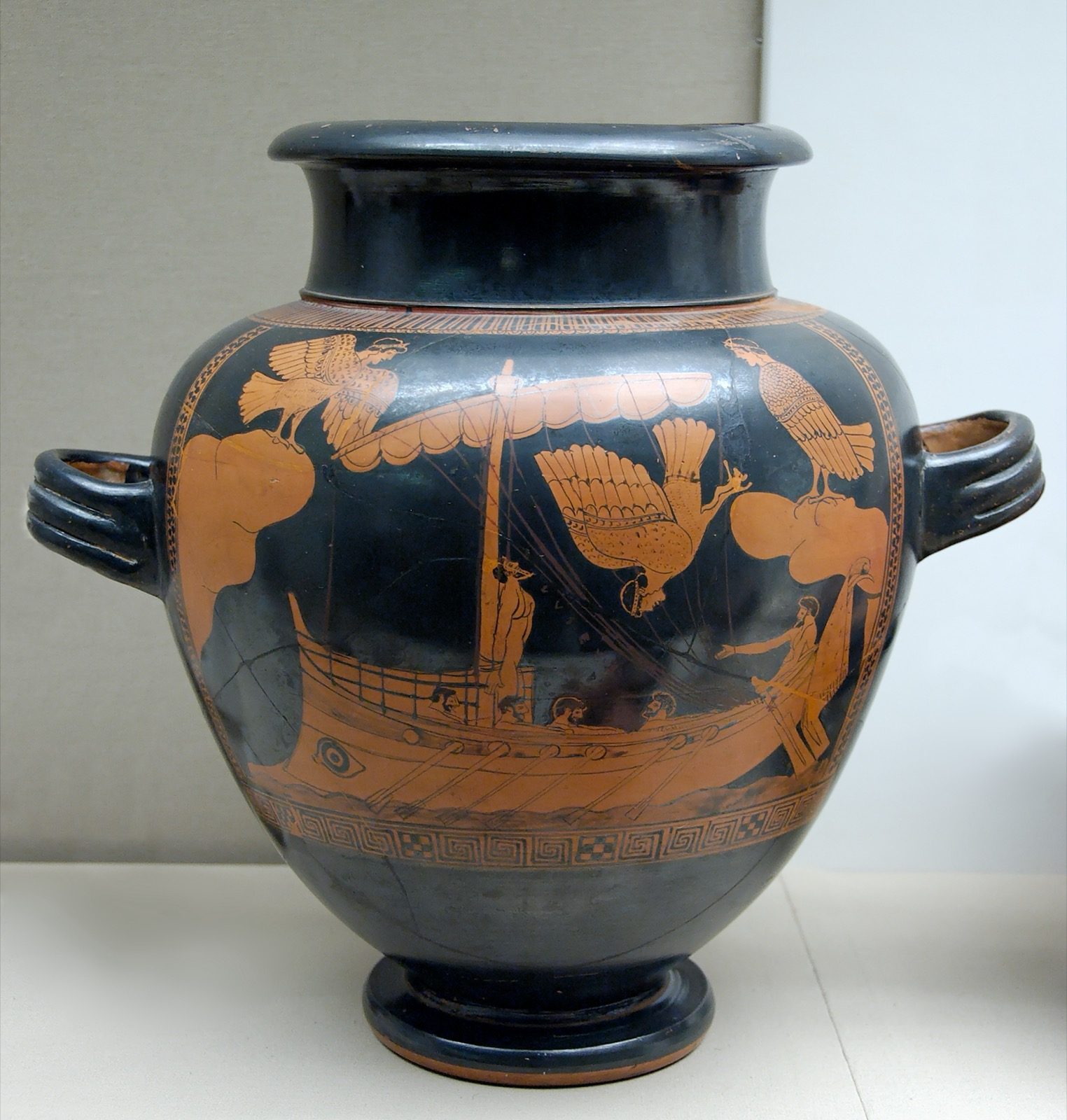 Odysseus and the Sirens, Attic red-figure stamnos by the Siren Painter, circa 480-470 BCE, showing bird-bodied Sirens perched around Odysseus's ship as he listens bound to the mast.