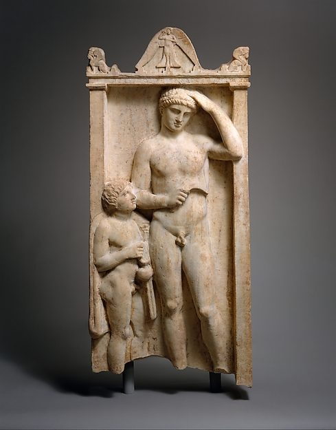 Marble grave stele of Sostratos, circa 375-350 BCE, showing a mourning Siren carved into the pediment above the standing figure of the young athlete.