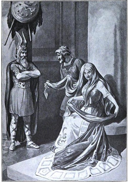 1910 illustration captioned "The Gold Hair that Loki Made," showing Loki presenting Thor with the newly forged golden hair for his wife Sif.