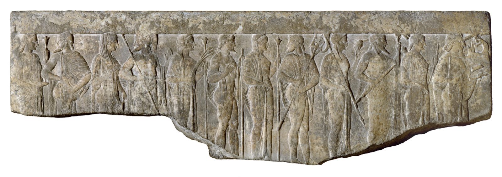 Hellenistic marble relief, 1st century BCE-1st century CE, showing a procession of twelve Greek gods and goddesses in profile: Hestia, Hermes, Aphrodite, Ares, Demeter, Hephaestus, Hera, Poseidon, Athena, Zeus, Artemis, and Apollo, each identified by their traditional attributes.