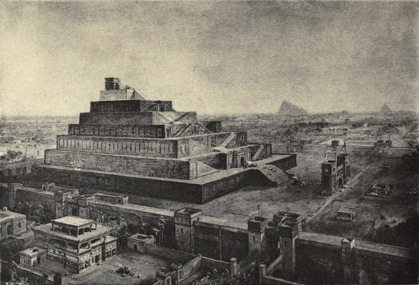 1917 illustration reconstructing the fortified double walls of Babylon and the Temple of Bel based on early 20th-century archaeological excavations, showing tiered brick fortifications and gate towers stretching across the ancient city.