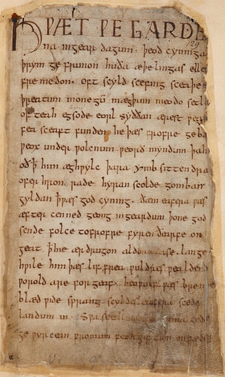 The opening folio of the Nowell Codex, the sole surviving medieval manuscript of the Old English poem Beowulf, copied down in the decade after 1000 CE and now held by the British Library.