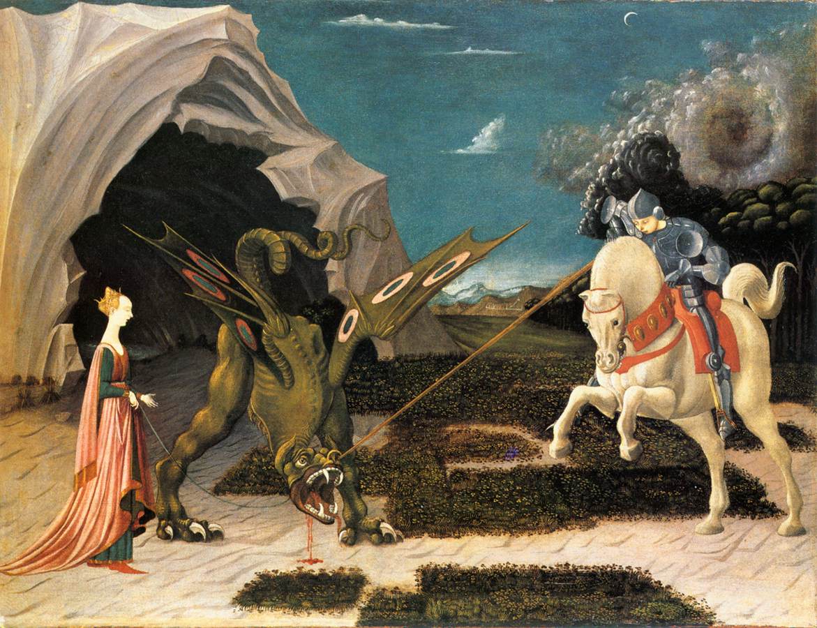 Paolo Uccello's Saint George and the Dragon, circa 1470, showing the saint on horseback spearing the dragon while the rescued princess stands beside it, National Gallery, London.