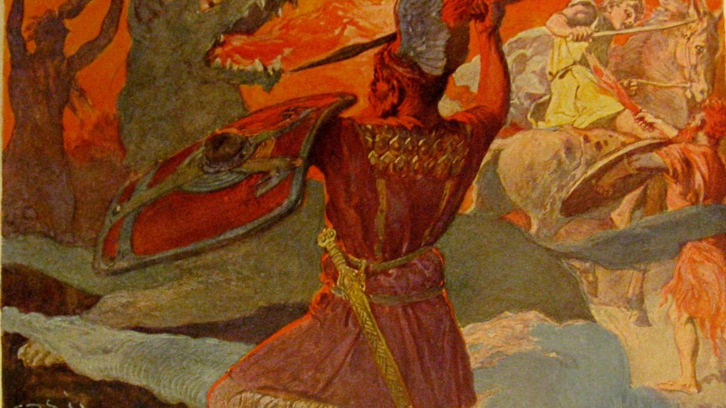 A painting of Odin in a winged helmet, seen from behind, raising a spear against the open-mouthed wolf Fenrir in a fiery red sky at Ragnarök, with Freyr and Surtr fighting on the right.