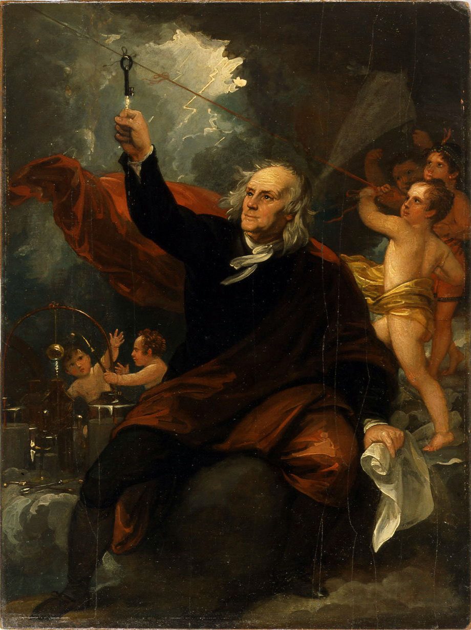 Benjamin West's circa 1816 painting Benjamin Franklin Drawing Electricity from the Sky, depicting Franklin's kite experiment with cherubs assisting.