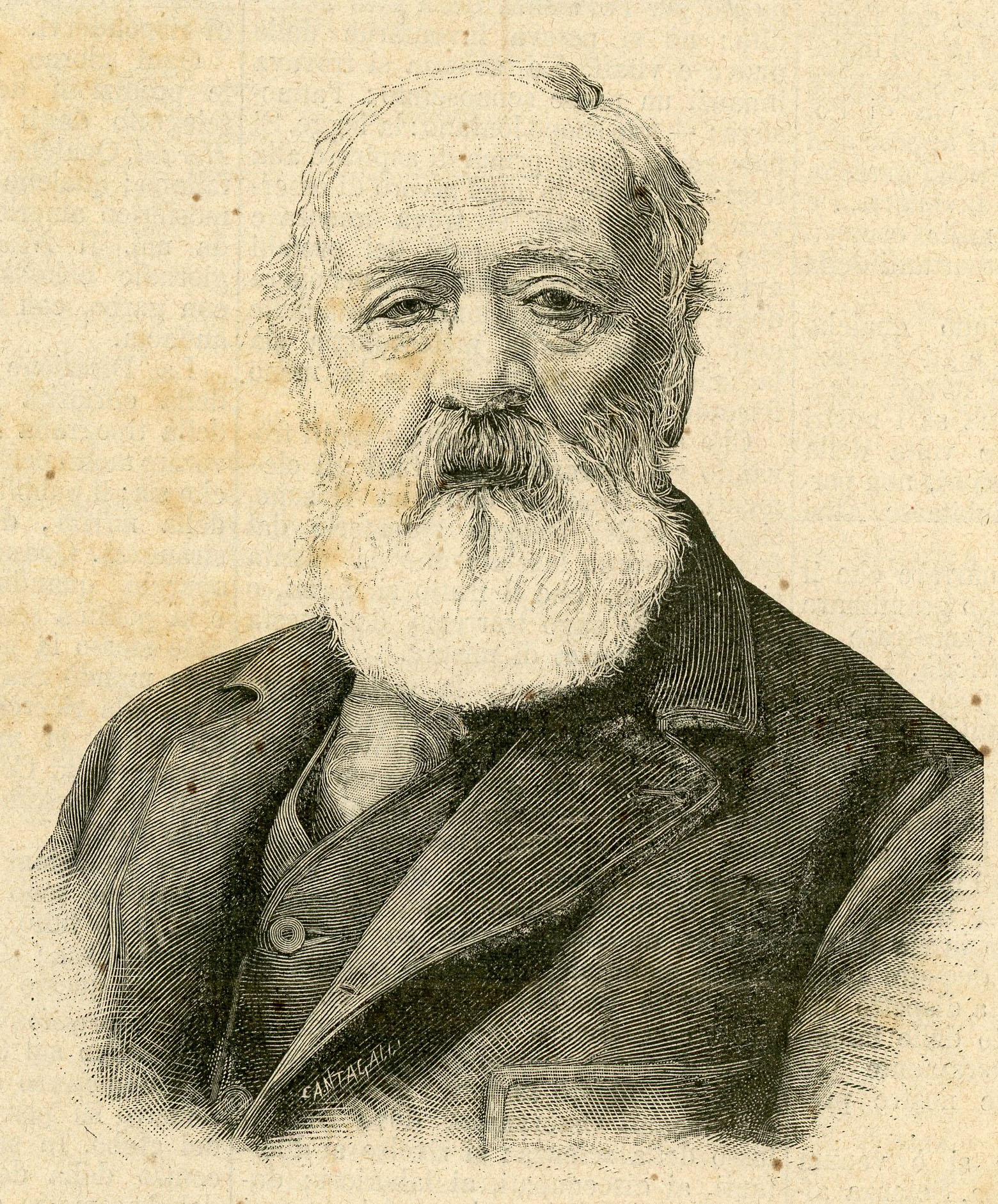 A 19th-century engraved portrait of Antonio Meucci, the Italian-American inventor whose voice-transmitting device, the teletrofono, predated Bell's patent application by years.