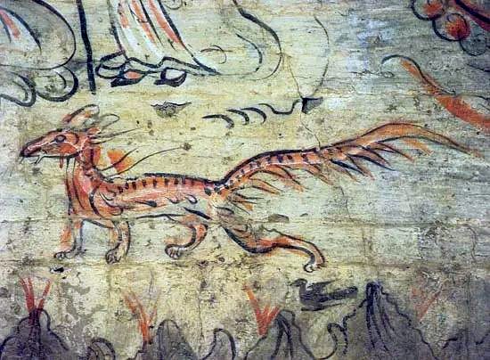 Late 4th- to mid-5th-century CE ceiling painting from Dingjiazha Tomb No. 5 near Jiuquan, Gansu province, showing a nine-tailed fox among celestial signs as an auspicious omen.