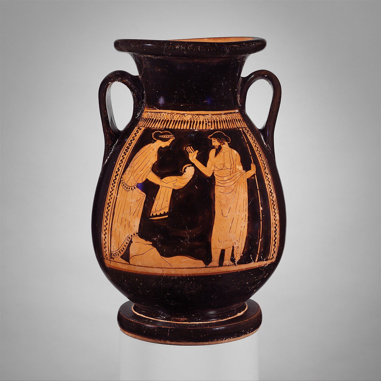 Attic red-figure pelike of about 460-450 BC showing Rhea handing Cronus a stone wrapped in swaddling cloth in place of the infant Zeus. The vase is a Greek painter's illustration of the myth, made roughly two and a half centuries after Hesiod wrote it down.